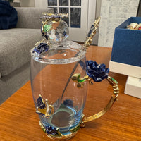 BTaT Brew To Tea A Cups with Lids Spoons Butterfly Flowers Design Glass Set