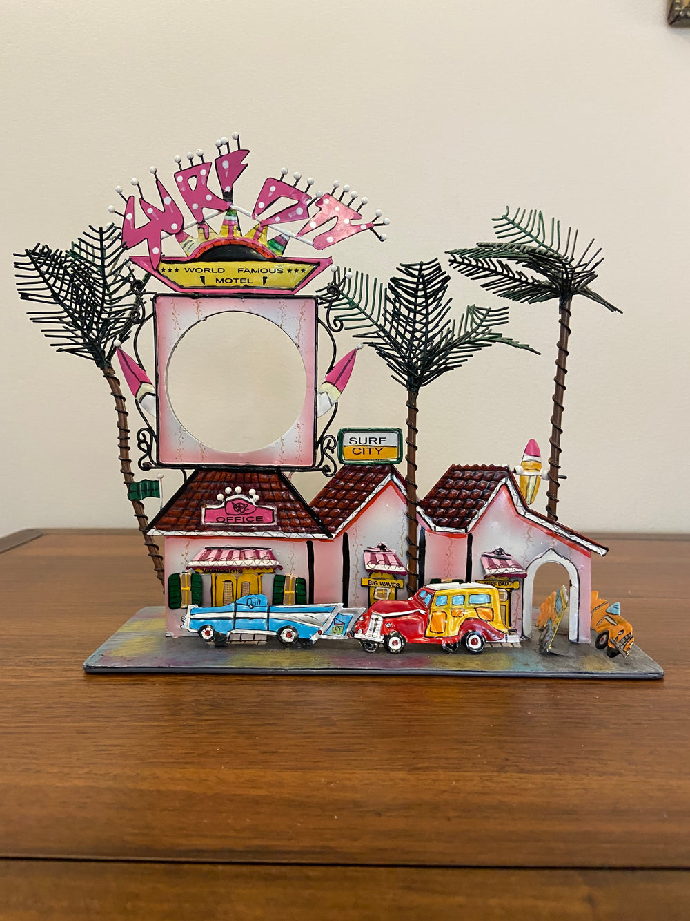 Popular Creations Tin Art Sculpture Candle Luminary Surf City Motel