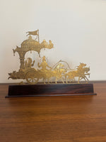 Vintage Engraved Brass Chariot with Krishna, Arjuna, and Hanuman on Wood Base
