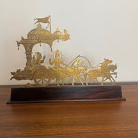 Vintage Engraved Brass Chariot with Krishna, Arjuna, and Hanuman on Wood Base
