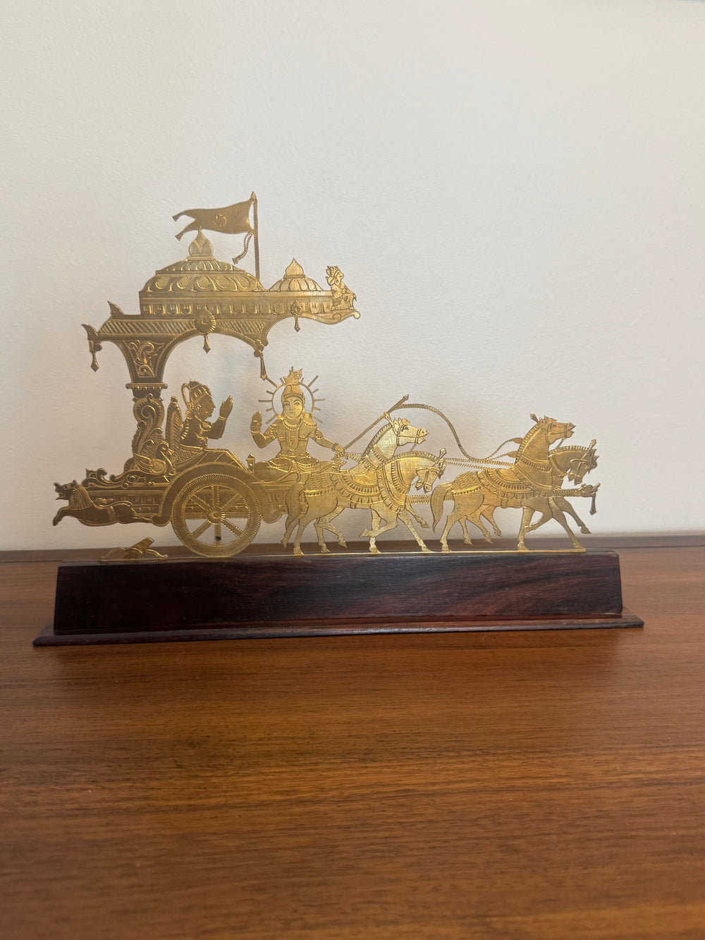 Vintage Engraved Brass Chariot with Krishna, Arjuna, and Hanuman on Wood Base