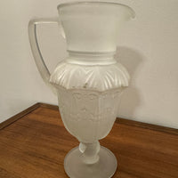 Vintage Frosted Matte Victorian Art Deco Style Stemmed Handle Glass Pitcher Vase RARE
