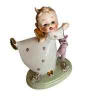 Rare Vintage Japanese Porcelain Dancing Angel Figurine with Pink Bear
