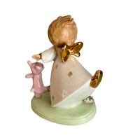 Rare Vintage Japanese Porcelain Dancing Angel Figurine with Pink Bear
