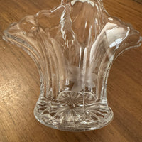 Vintage Crystal Glass Basket Vase Cut-Etched Design Daisy Flower Pattern