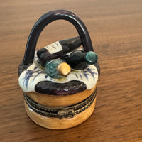 Vintage Porcelain Trinket Box Wine Bottles Basket Shaped