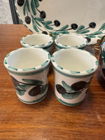 Olive Branch Mediterranean Pattern Small Platter-Cups-Bottle Handmade Pottery Set
