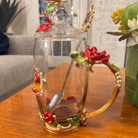 BTaT Brew To Tea A Cups with Lids Spoons Butterfly Flowers Design Glass Set