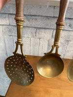 Vintage European Brass & Wood Hanging Utensil Rack Set (4 Pc Wall Mount Kitchen Tools)
