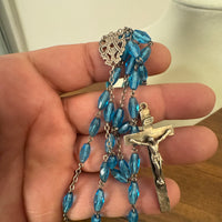 Vintage Silver Tone Religious Rosary Cross with Faceted light Blue Crystals-Glass Beads