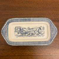 Ceramic Blue Transfer Butter Dish Currier and Ives Horse Ride at the Shore