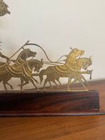 Vintage Engraved Brass Chariot with Krishna, Arjuna, and Hanuman on Wood Base

