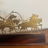Vintage Engraved Brass Chariot with Krishna, Arjuna, and Hanuman on Wood Base