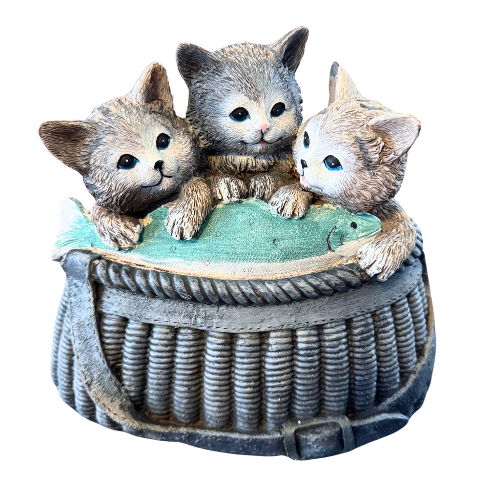 Three Cute Kittens Cats In A Fishing Basket Resin Figurine