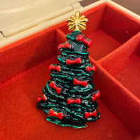 Vintage Enamel Christmas Tree with Red Bows and Gold-tone Star Brooch Pin