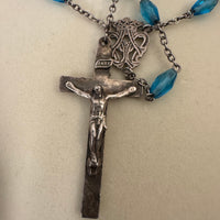 Vintage Silver Tone Religious Rosary Cross with Faceted light Blue Crystals-Glass Beads