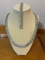 Zircon Iced Out 14k White Gold Tone Cuban Link Necklace and Bracelet Set
