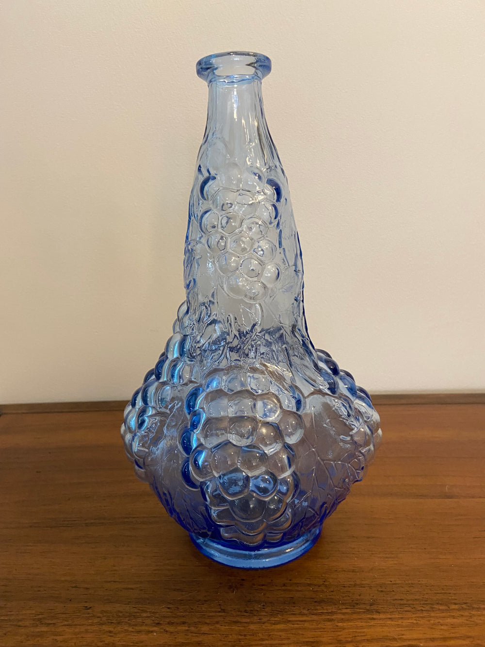 Vintage MCM Blue Glass Bottle Decanter Grapes Design