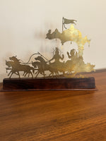 Vintage Engraved Brass Chariot with Krishna, Arjuna, and Hanuman on Wood Base
