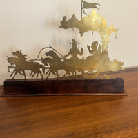 Vintage Engraved Brass Chariot with Krishna, Arjuna, and Hanuman on Wood Base