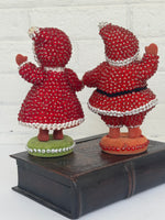 Vintage Hong Kong Flocked Push Pin Bead Santa & Mrs. Claus Christmas Ornament Set
