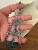 Vintage Silver Tone Religious Rosary Cross with Faceted light Blue Crystals-Glass Beads
