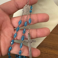 Vintage Silver Tone Religious Rosary Cross with Faceted light Blue Crystals-Glass Beads