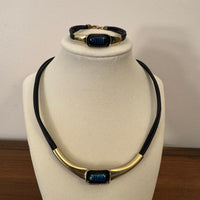 Metal Gold-tone and Leather Dichroic Glass Set of Bracelet and Chocker Necklace