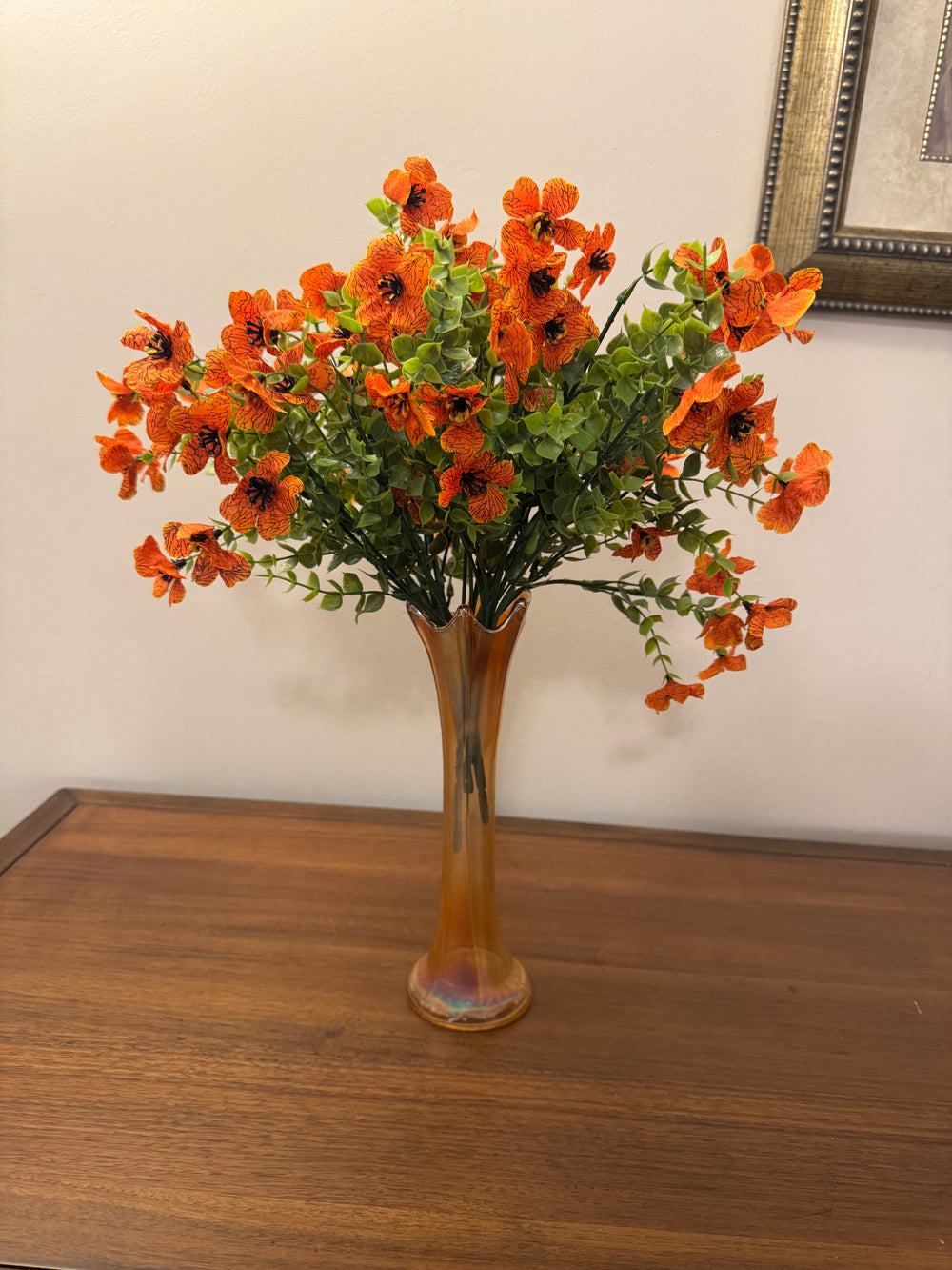 Marigold Carnival Glass Swung Vase