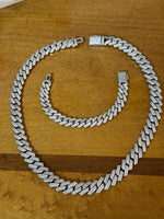 Zircon Iced Out 14k White Gold Tone Cuban Link Necklace and Bracelet Set
