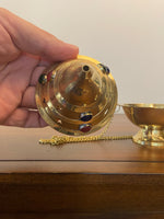 Vintage Brass Hanging Incense Burner / Censer – Star Cutouts & Colorful Glass Cabochons
