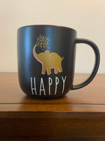 Happy Dog Fireworks Ceramic Mug – Black with Gold & Pink Dog Design
