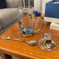 BTaT Brew To Tea A Cups with Lids Spoons Butterfly Flowers Design Glass Set