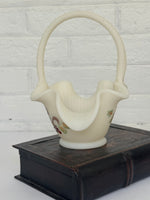 Vintage Fenton White Custard Glass Christmas Basket with Hand-Painted Poinsettia Design by S. Smith
