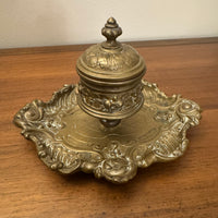 Antique Ornated Solid Brass Inkwell