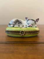 Vintage Limoges Chamart France Sleeping Cat Trinket Box
