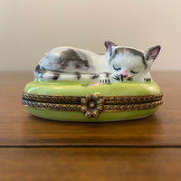 Vintage Limoges Chamart France Sleeping Cat Trinket Box
