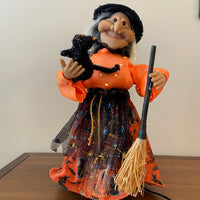 Vintage Fiber-optic Halloween Witch with Cat and Broom