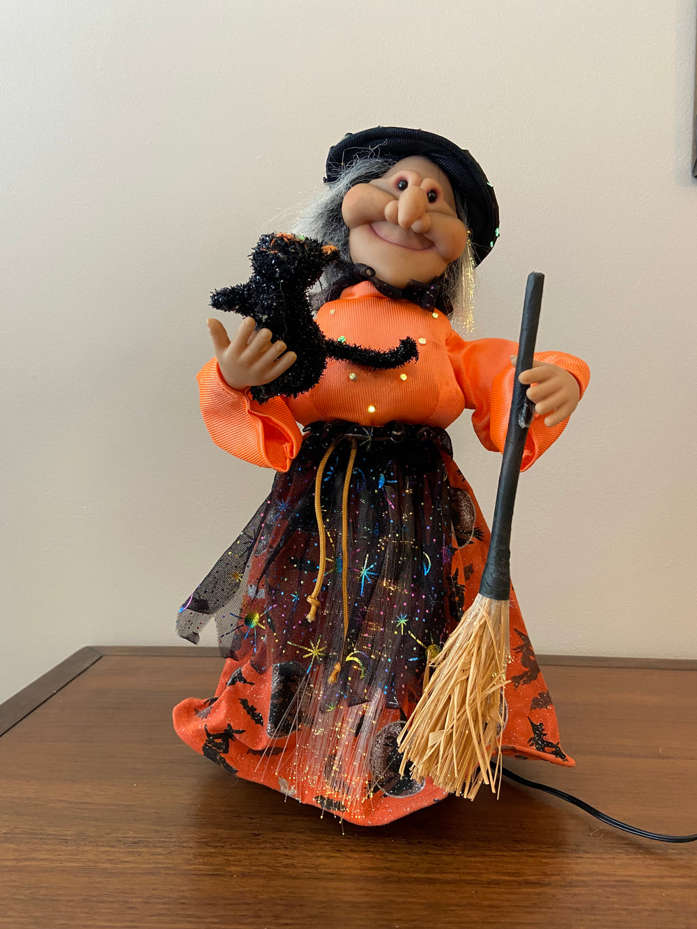 Vintage Fiber-optic Halloween Witch with Cat and Broom