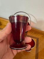 Vintage Art Deco Red Ruby Glass Ice Bucket and 3 Cocktail Glasses Set
