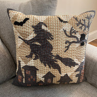 Quilt Patchwork Throw Pillow Halloween Decor Flying Witch