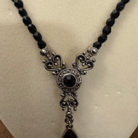 1928 Brand Black Glass Rhinestone Pendant Necklace Jewelry