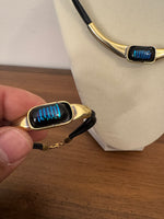 Metal Gold-tone and Leather Dichroic Glass Set of Bracelet and Chocker Necklace
