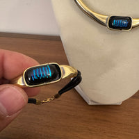 Metal Gold-tone and Leather Dichroic Glass Set of Bracelet and Chocker Necklace