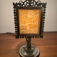 Landscape River-Trees Porcelain Lithophane on Metal Light Stand Light Night Lamp