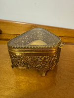 Vintage Filigree Gold-tone Footed Trinket Jewelry Box
