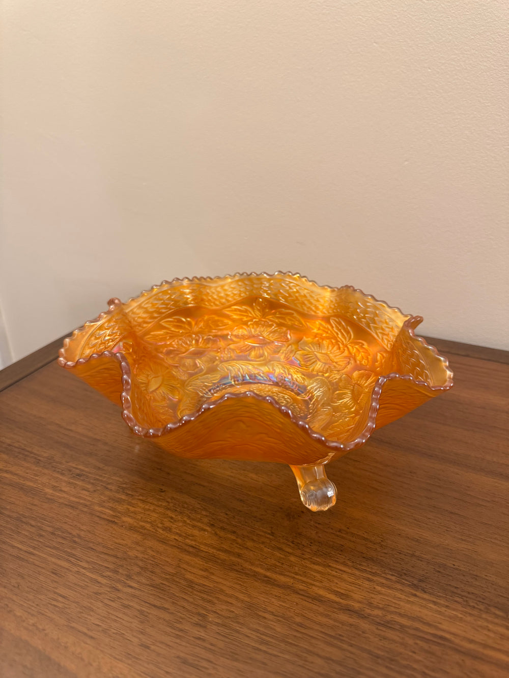 Vintage Fenton Marigold 3 Footed Carnival Glass Ruffled Bowl