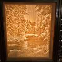 Landscape River-Trees Porcelain Lithophane on Metal Light Stand Light Night Lamp