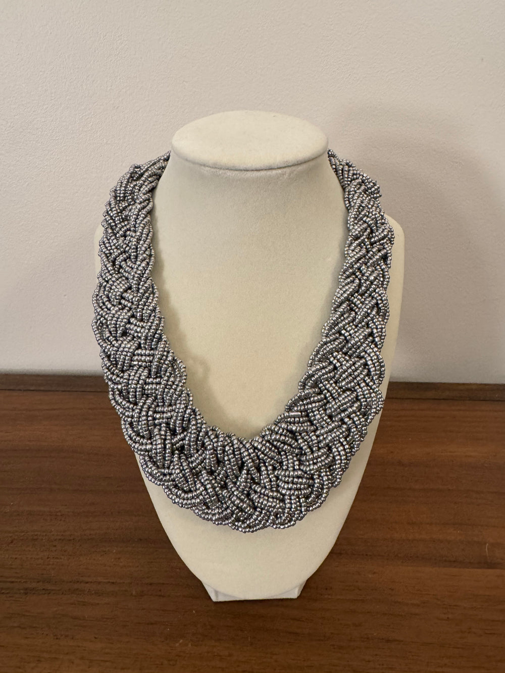 Silver-tone Braided Glass Beaded Necklace