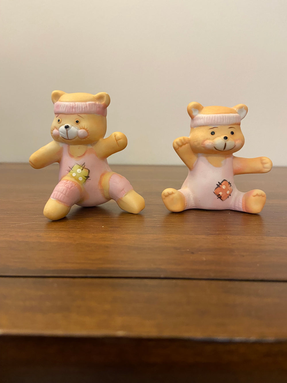 Small Porcelain Baby Bears Exercising Figurine Set of 2